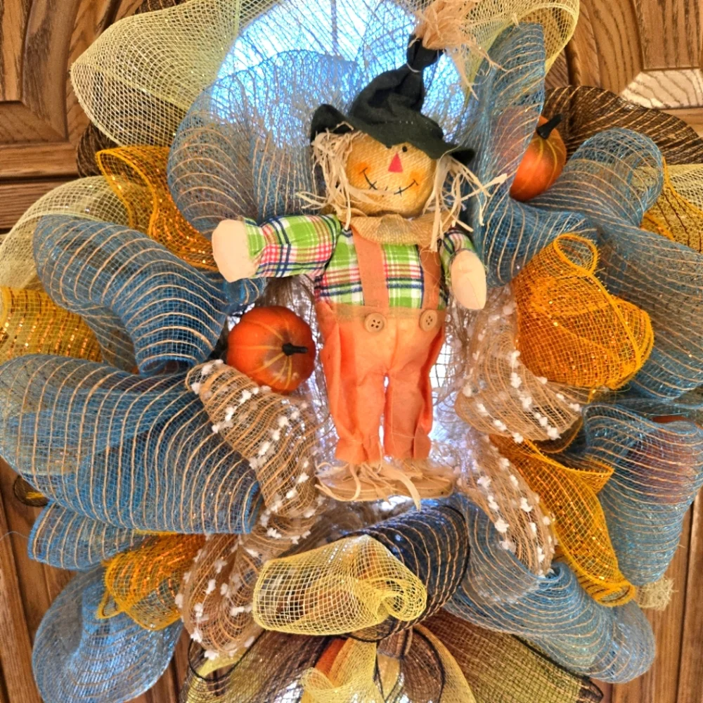 Handcrafted Burlap & Mesh Fall Wreath with Scarecrow, 22
